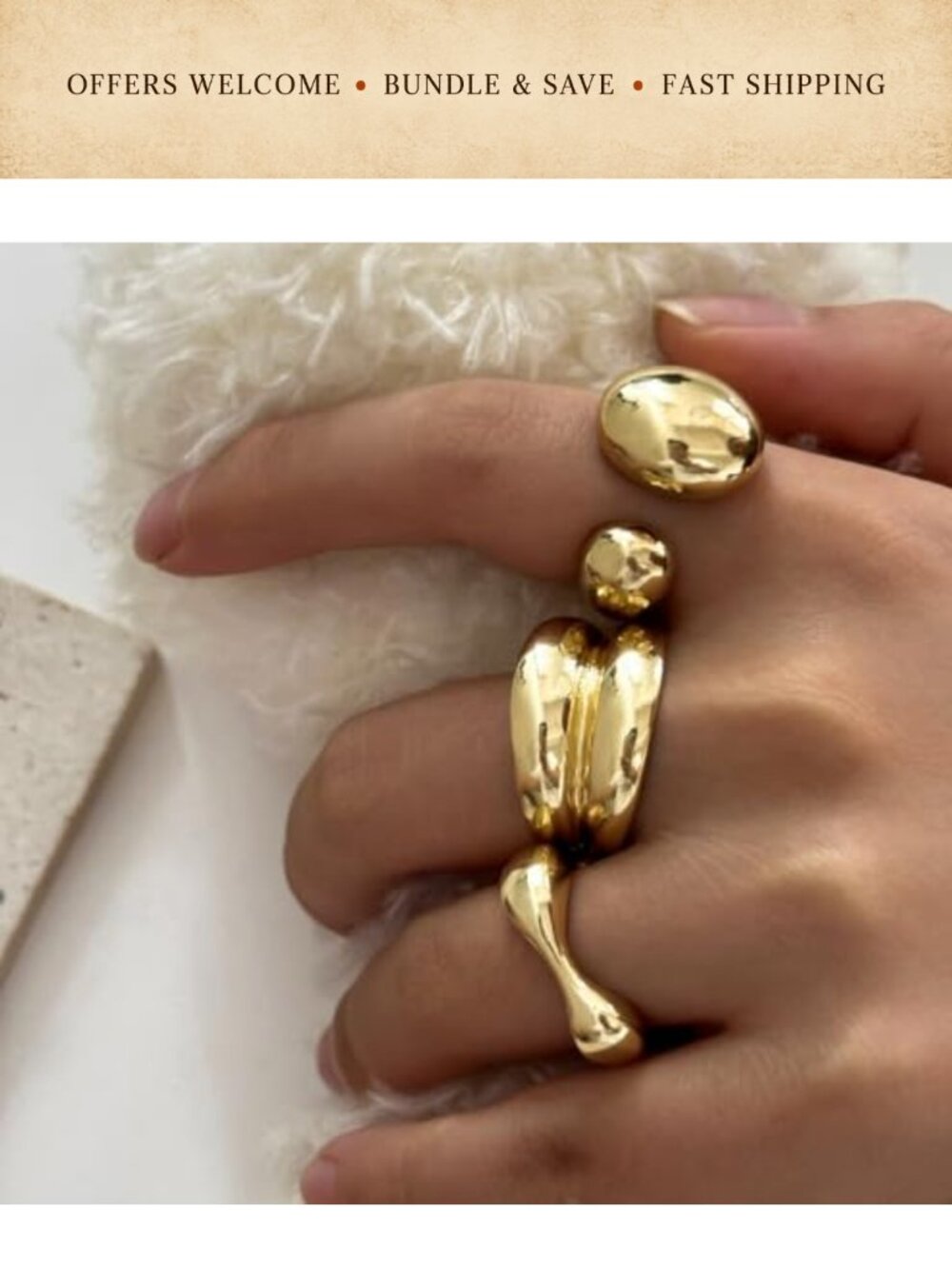 9 Pc Chunky Gold Plated Statement Rings Stackable Knuckle Set - Picture 4 of 6